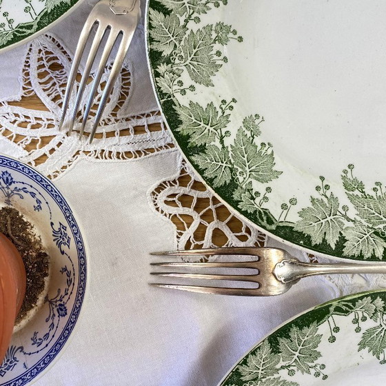 Image 1 of 6 piatti piani Saint Amand et Hamage in pietra di ferro, motivo platano verde