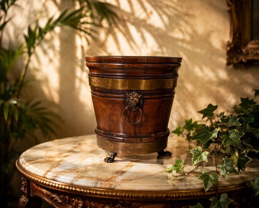Jardinera antigua de caoba | Maceta con anillo de león victoriano de latón, hacia 1850