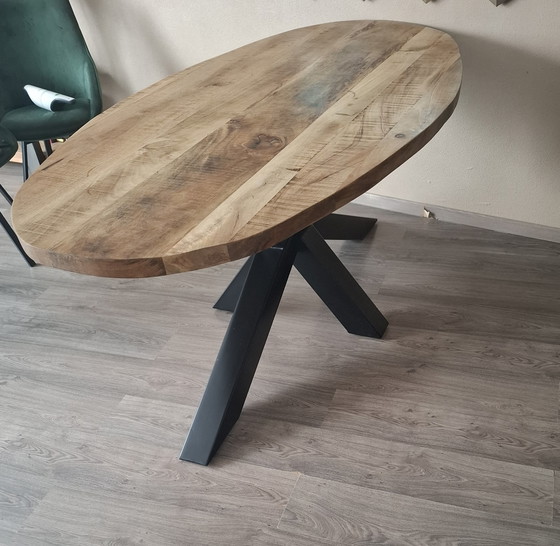 Image 1 of Table basse ovale en bois brut, pieds en métal noir, 190 cm / Hacco