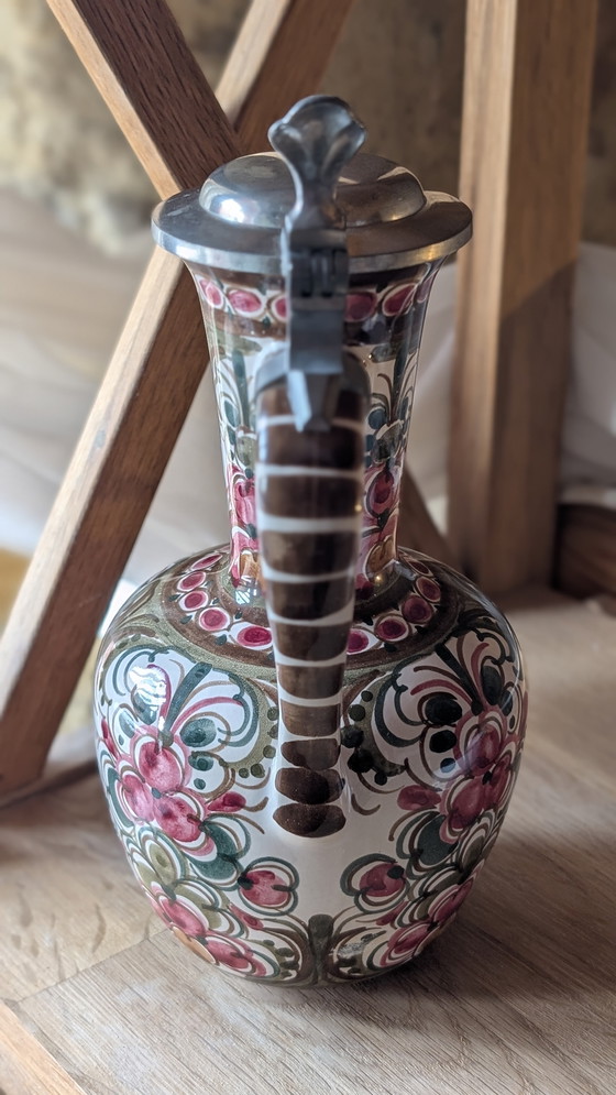 Image 1 of Pichet ancien en faience peinte à la
main Décor floral rouge et vert -  signée ASM 0375