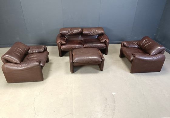Image 1 of Vintage lederen Maralunga bankstel door Vico Magistretti voor Cassina, 1973