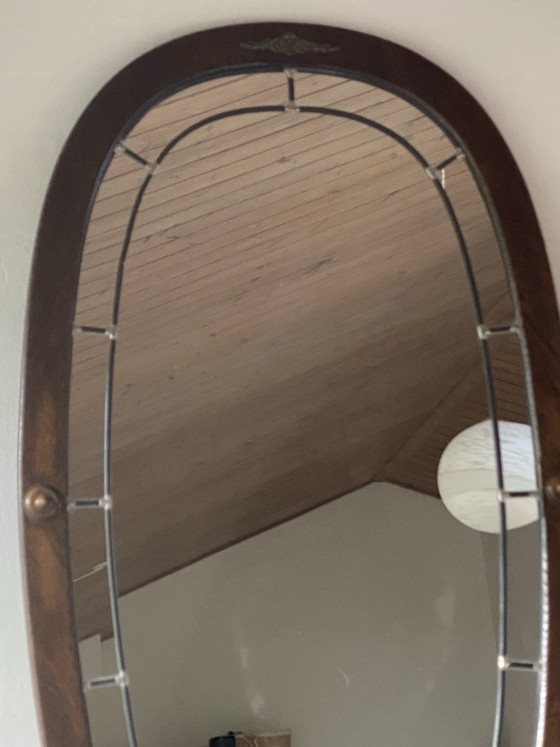 Large Antique Oval Oak Mirror with Decorative Mirrored Panels, Circa 1930s-1940s, Shelving unit, Wood, Brown (photo 5 of 6)