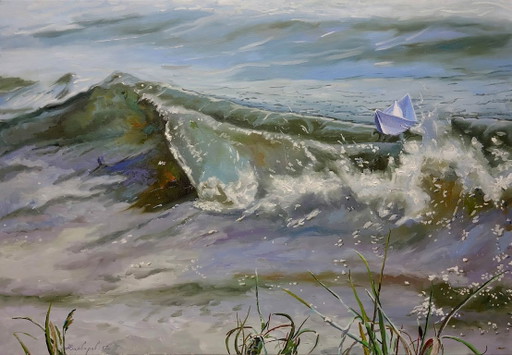 Origineel olieverfschilderij, hedendaagse kunst, symboliek, golf, de ark – schilderijen tekeningen, Canvas
