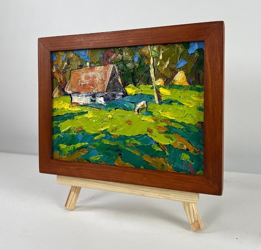 Original Oil Painting Summer House Landscape Forest path to the sunny hut