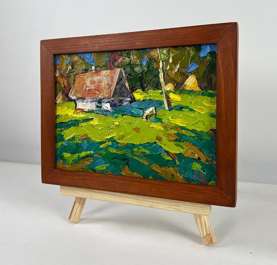 Image 1 of Original Oil Painting Summer House Landscape Forest path to the sunny hut