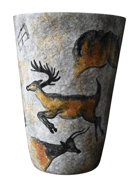 Image 1 of Vaso Vallauris, anni '50 – Decoro preistorico "Lascaux" – Decorazione dipinta a mano – H. 26,5 cm