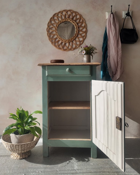 Image 1 of Antique jam cupboard with a sage green patina and solid wood finish