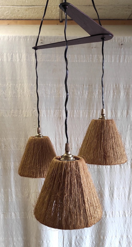 Image 1 of Hanglamp met drie lichtpunten in Scandinavische stijl, gemaakt van teak en sisal - jaren 60/70