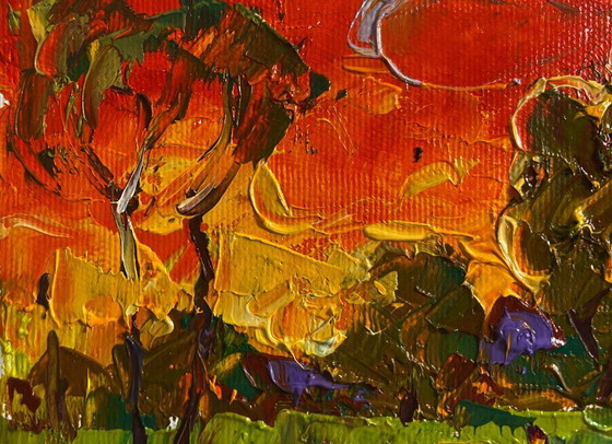 Image 1 of Original Oil Painting Evening Field Landscape The summer sky is burning