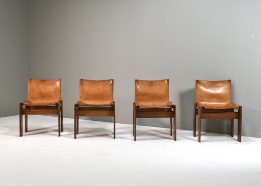 4x Monk Chairs in Cognac Leather by Afra & Tobia Scarpa for Molteni, Italy 1974