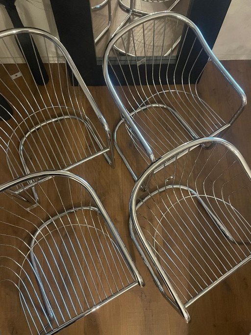 4x Italienischer Design Drahtgestell Esszimmerstuhl Chrom/Metall
