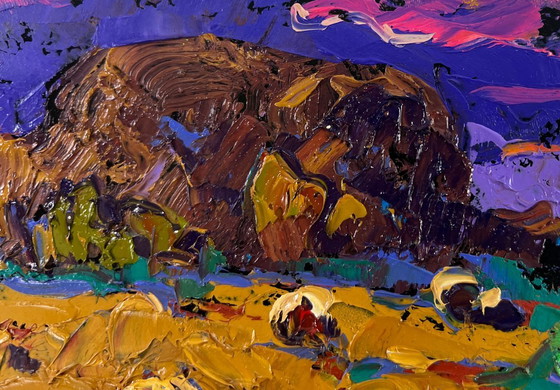 Image 1 of Original Oil Painting Evening Field Landscape Wind in the stubble