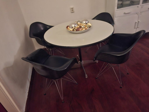Now free Saturn lamp with Charles & Ray Eames, Herman Miller, authentic Fiberglass dark blue Shell Chairs, with "Eiffel" base