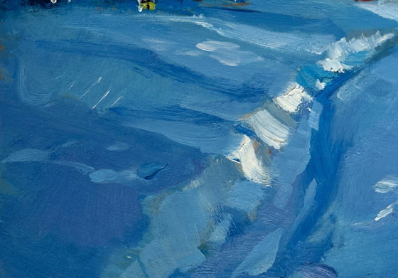 Image 1 of Origineel olieverfschilderij: Winterdorplandschap met een pad door de sneeuw.