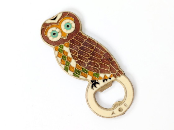 Image 1 of Apribottiglie greco vintage a forma di gufo in bronzo smaltato, anni '80