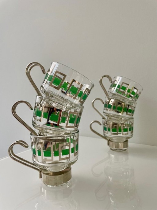 6x Italian espresso cups – glass & chrome, 1960s
