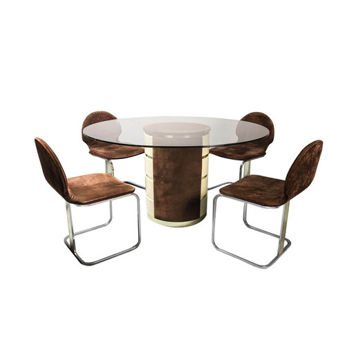 Table avec base en cristal et 4 chaises avec tissu en daim, 1970