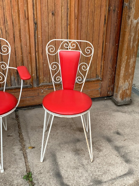 White Metal & Red Leatherette Garden Set, 1968, Set of 4, Mid Century Modern (photo 3 of 9)