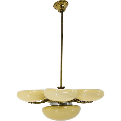 Ar Nouveau vintage kroonluchter van messing en glas, jaren 1930