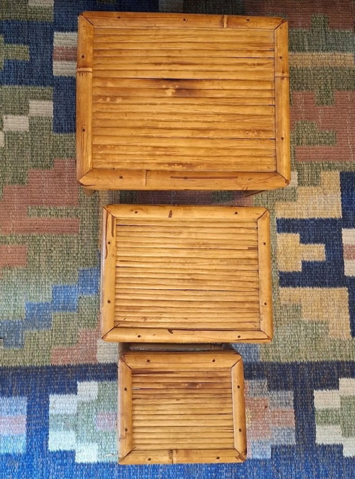 Mid Century Set of 3 Nesting Patinated Bamboo Tables, 1960s