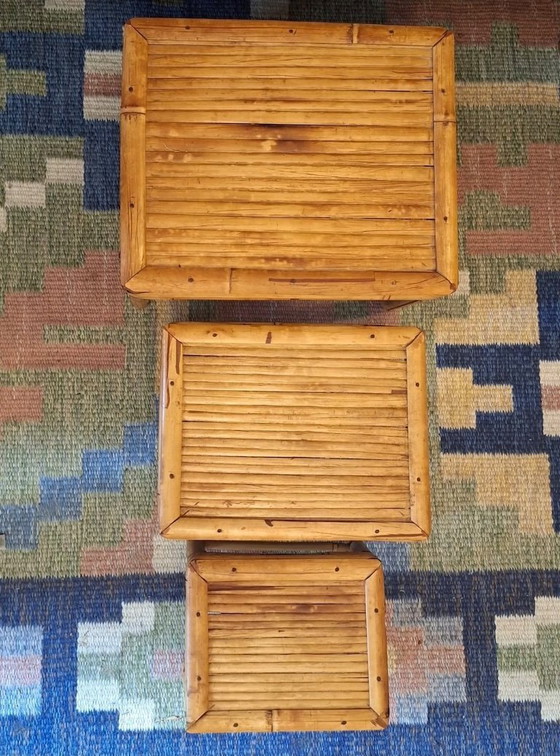 Image 1 of Mid Century Set of 3 Nesting Patinated Bamboo Tables, 1960s
