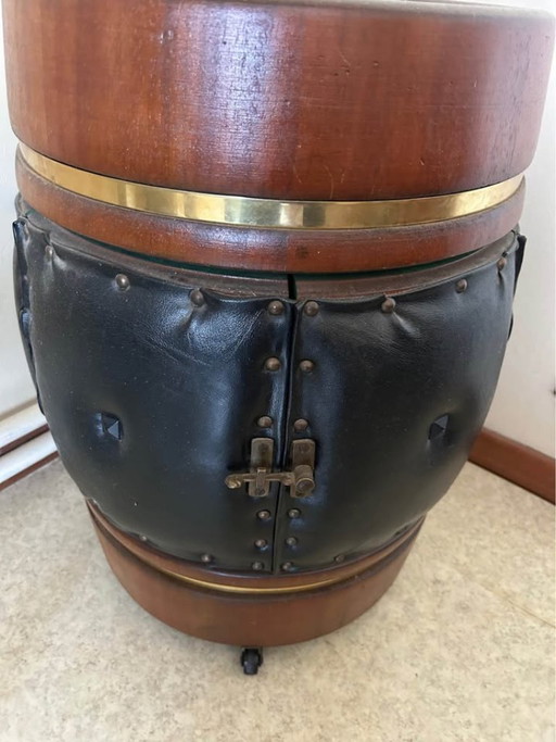 Mobile bar rotondo vintage su ruote – legno e ottone – anni '60