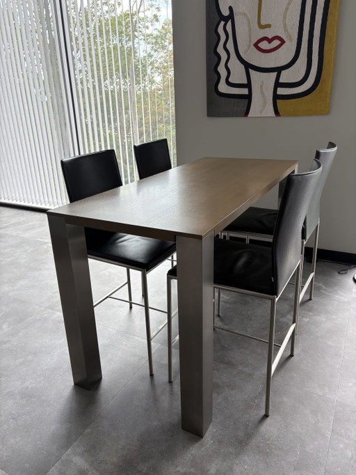 4x KFF Chaises de salle à manger/tabourets de bar en cuir et table de bar/salle à manger Joop van Arnhem – eetkamerset, Wood
