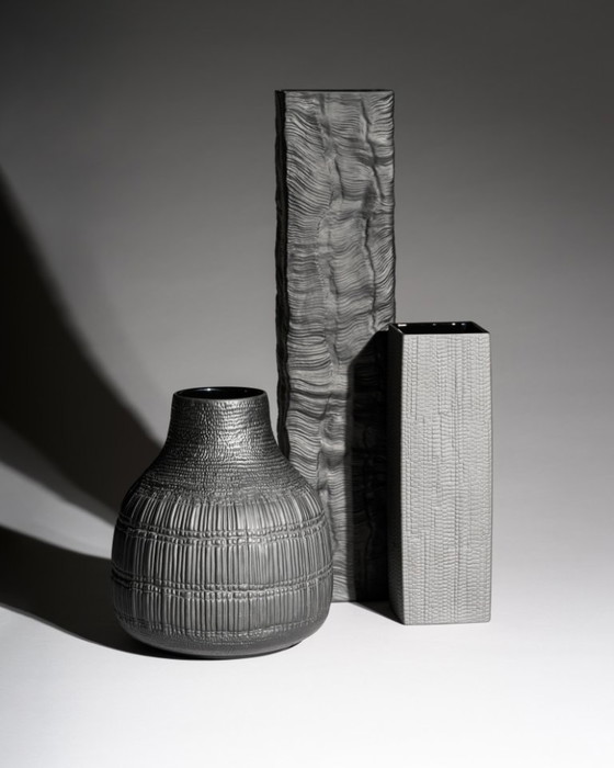 Image 1 of Black Porcelain Vase Trio Martin Freyer & Elsa Fischer-Treyden Rosenthal Op-Art
