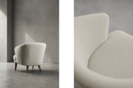 Image 1 of Low Mid-Century Scandinavian Modern Oak & Fabric Armchair with Rounded Backrest, 1960s