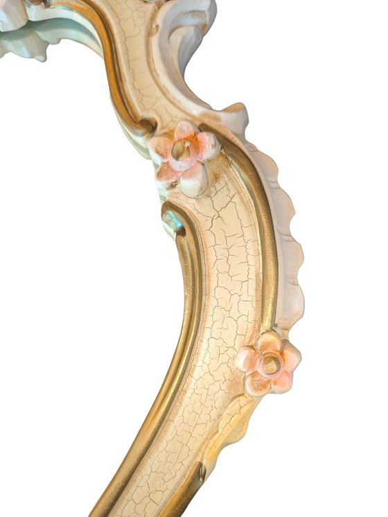 Image 1 of Set aus 2 Florentiner Barock Wandspiegeln 55×36 cm – Italien Vintage 1950–1970 – handbemaltes Holz mit Craquelé & Pastellblüten 