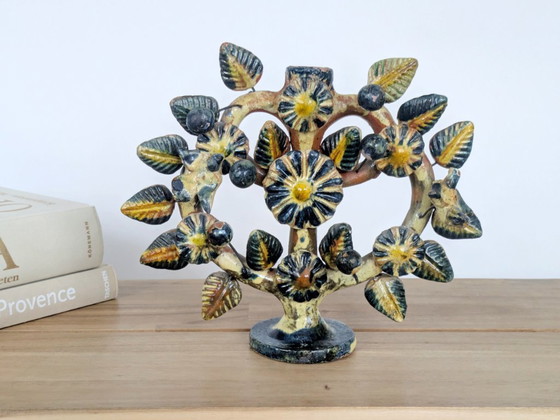 Image 1 of Vintage Mexican Tree of Life Ceramic Candleholder, 1970s Folk Art Candelabra with Birds & Flowers