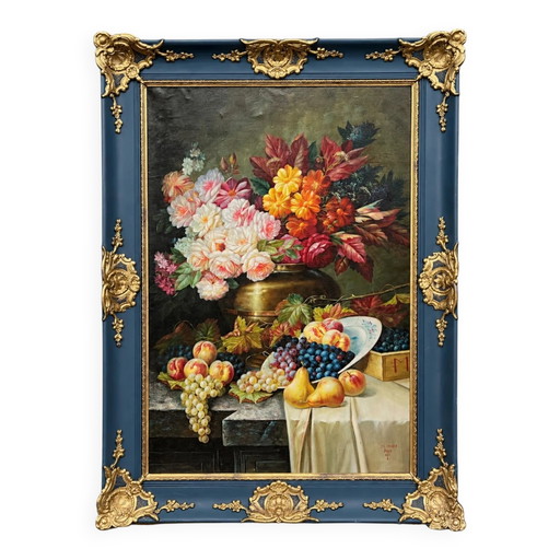 Nature morte signée avec fleurs et fruits. Huile sur toile.