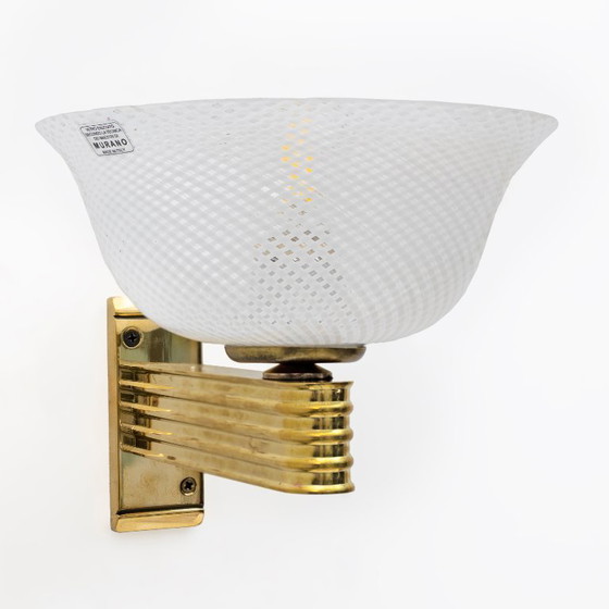 Image 1 of Sconcese in ottone e vetro di Murano "Reticello" di Carlo Scarpa per Venini, coppia