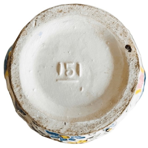 Image 1 of Vintage mid-century hand-painted bonbonnière Rigo Majolica flower lidded jar 1950s