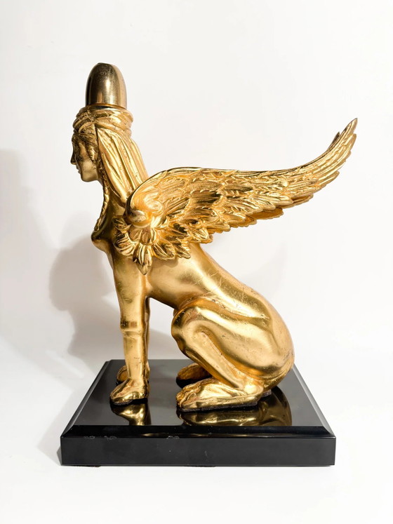 Gilt Bronze Sphinx Sculpture Resting on Marble Base, 20th Century (photo 2 of 14)