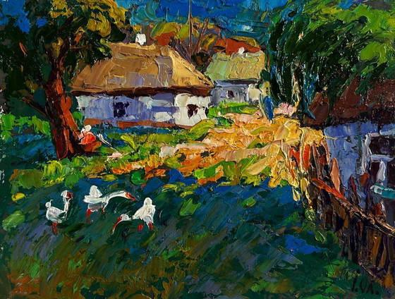 Image 1 of Original Oil Painting Summer Houses Landscape Morning street of the village