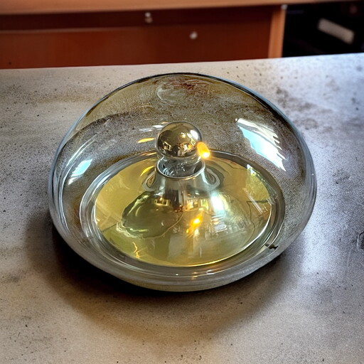 Vintage Glashütte Limburg | Ceiling UFO Lamp | dia. 30cm 11.81" | lightly tinted glasdome & gold plated metal | 1970s Germany Sp