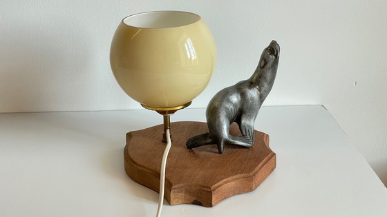 Image 1 of Art Deco Sea Lion Lamp Metal and Blown Glass France