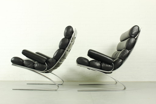 Satz von 2 Sinus-Lounge-Sesseln aus schwarzem Leder, COR Deutschland, 1970er Jahre