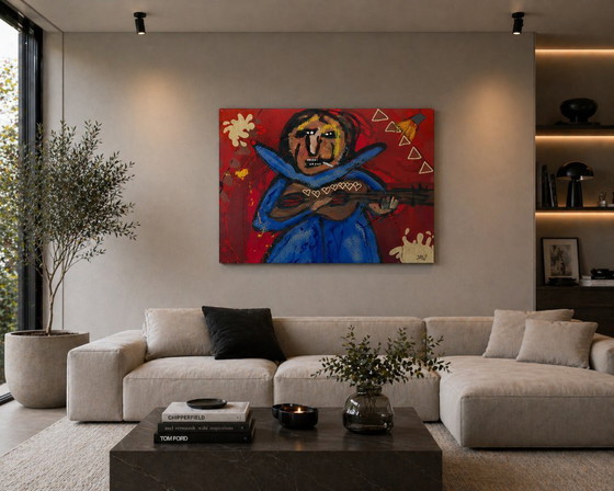 Image 1 of Original Abstract Painting Guitar Player Music Art Signed AK 2003 Modern Expressionist Colorful Wall Decor Canvas 