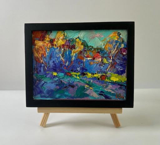 Original Oil Painting Fall Nature Landscape Autumn Blue Forest – schilderijen tekeningen, Canvas