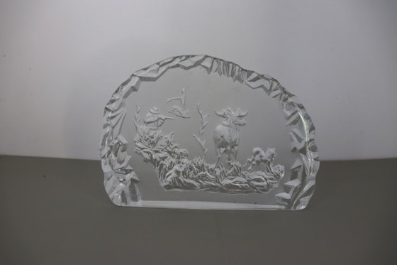 Escultura/bloque de cristal macizo sueco – Nybro Suecia (Alce y Caza) – Nybro Glasbruk, Objetos decorativos (photo 5 of 5)