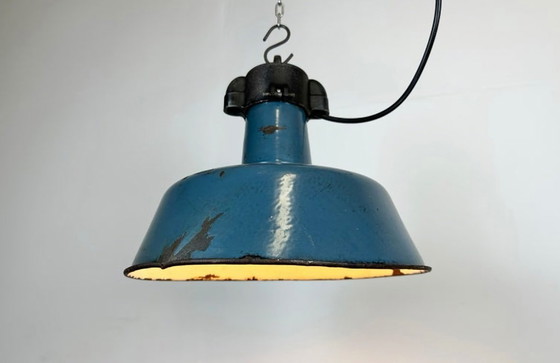 Image 1 of Industrial Blue Enamel Factory Lamp with Cast Iron Top, 1960s