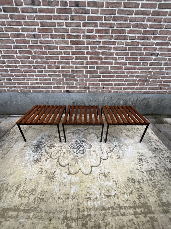 Unique set of three vintage mid-century MCM slat benches – Side tables, Wood, Metal (photo 5 of 11)