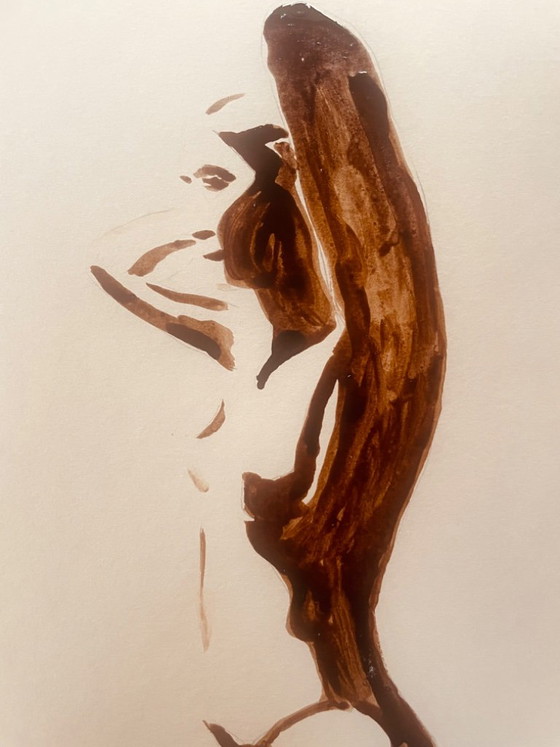 Monochrome Painting Brown Earth Wabi Sabi Female Portrait “Play of Shadows” – Paintings & Drawings, Paper (photo 3 of 8)
