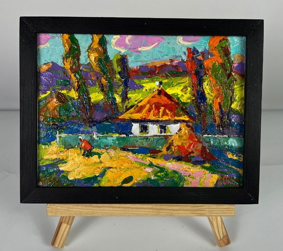 Image 1 of Dipinto ad olio originale Paesaggio rurale Casa Vita di campagna Un sentiero vicino al villaggio
