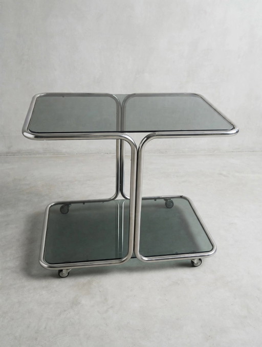 Vintage Beistelltischwagen mit Rauchglas und verchromten Rädern, 1970er Jahre – Weltraumzeitalter – serveerwagens, Metal