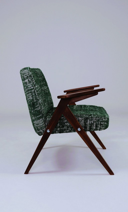 Scandinavian Green Lounge Chair Vintage Design Boho Upholstery Melange Fabric, 1960, Poland