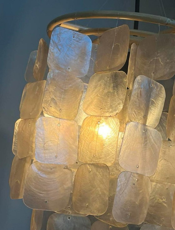 Image 1 of Set Of 2 Capiz Shell Pendant Lamps Bamboo Frame