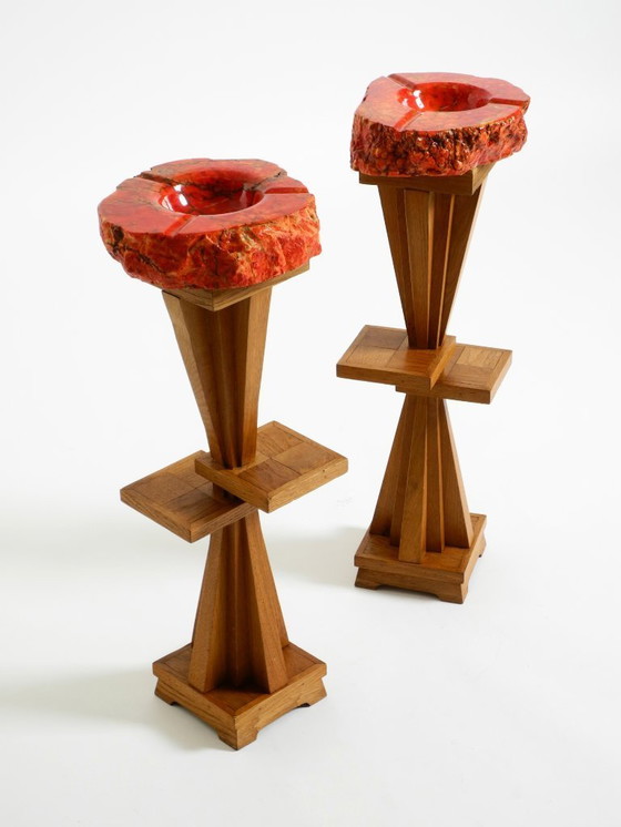 Image 1 of Two Unique Mid-Century Standing Ashtrays Consisting of Red Alabaster Cup with Beautiful Wooden Stand with Shelves